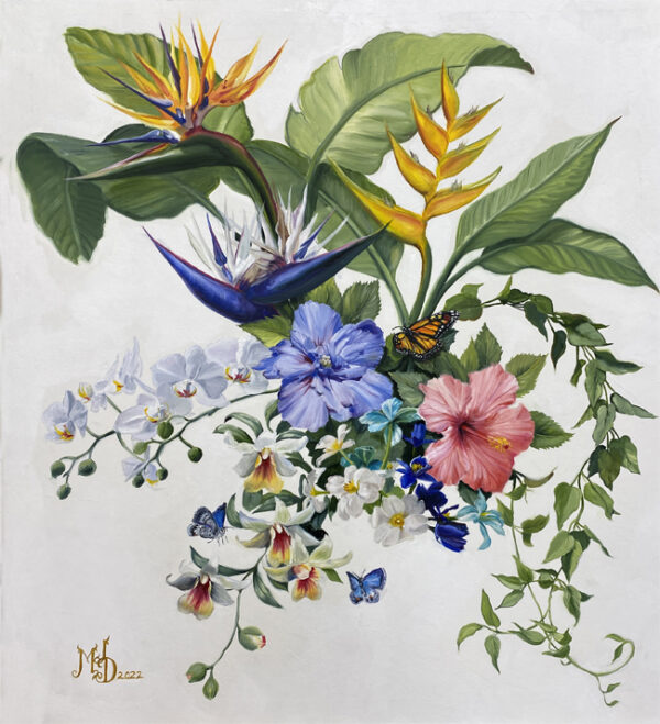 a painting of an arrangement of tropical flowers with the bird of paradise, hibiscus, and orchids by martha dodd