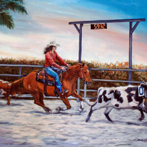 painting of a cowgirl with a red shirt pursuing a spotted cow on horseback by Martha dodd