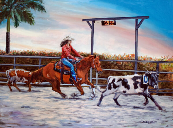 painting of a cowgirl with a red shirt pursuing a spotted cow on horseback by Martha dodd