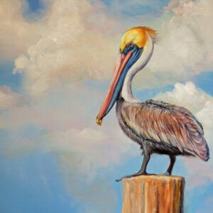 painting of a colorful pelican sitting on a piling with a blue sky and fluffy clouds by martha dodd