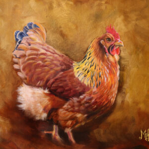 a painting of a new Hampshire Red Chicken with a bronze and gold background by Martha Dodd