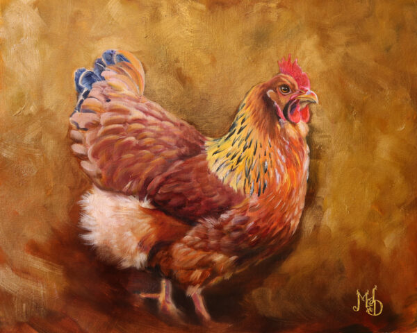 a painting of a new Hampshire Red Chicken with a bronze and gold background by Martha Dodd