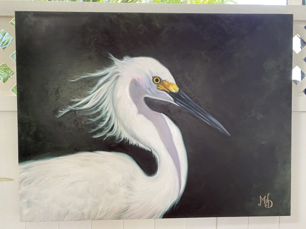 painting of a snowy white egret with a dark green background by martha dodd