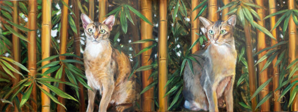The artwork is a realistic painting featuring two abyssinian cats amid a dense bamboo forest. Both cats have a sleek, short-haired coat with a mix of brown, gray, and cream tones. Their eyes are large and vivid green, giving them an alert and intense gaze. The bamboo stalks are tall and yellowish-brown, with lush green leaves surrounding the cats, creating a vibrant and natural setting. The composition captures a sense of tranquility and focus, highlighting the cats’ graceful presence within the lush vegetation.