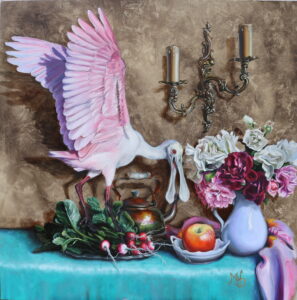 The artwork is a detailed still life painting featuring a pink roseate spoonbill bird with its wings partially spread, standing on a plate of radishes and leafy greens. Beside the bird, there is an antique copper kettle with a wooden handle. To the right, a white porcelain plate holds a single ripe apple. A ceramic vase filled with a bouquet of flowers in shades of white, pink, and deep red sits next to the apple. The composition is set on a turquoise tablecloth, creating a striking contrast with the earthy brown background. Above the scene, an ornate metal wall sconce holds two unlit candles, adding an element of classical elegance to the setting. The painting blends realism with a rich use of color and texture.