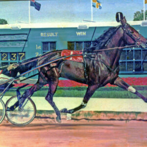 The artwork depicts a detailed scene of a harness race horse in full stride, pulling a sulky with a driver dressed in racing attire. The horse is depicted dynamically, with its legs extended mid-run and muscles taut, emphasizing motion and power. The driver holds the reins tightly, focused on guiding the horse. The background includes a scoreboard with the words "RESULT" and "WIN" visible, along with numbers and flags, suggesting a race setting. The colors are rich and vivid, capturing the intensity and energy of the moment. The composition highlights the relationship between the horse and driver, skillfully balancing realism with a sense of motion.