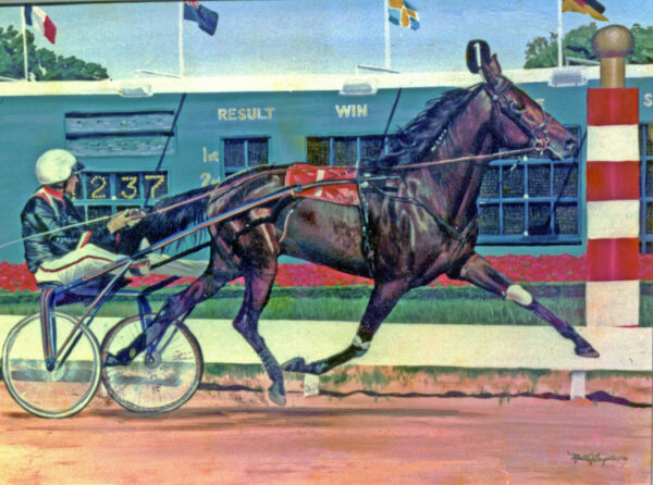 The artwork depicts a detailed scene of a harness race horse in full stride, pulling a sulky with a driver dressed in racing attire. The horse is depicted dynamically, with its legs extended mid-run and muscles taut, emphasizing motion and power. The driver holds the reins tightly, focused on guiding the horse. The background includes a scoreboard with the words "RESULT" and "WIN" visible, along with numbers and flags, suggesting a race setting. The colors are rich and vivid, capturing the intensity and energy of the moment. The composition highlights the relationship between the horse and driver, skillfully balancing realism with a sense of motion.