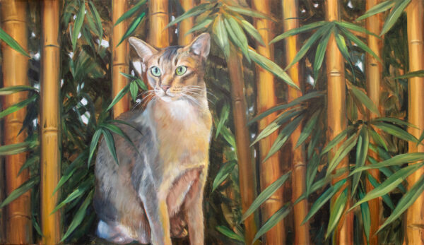two Abyssinian cats amid a dense bamboo forest. Both cats have a sleek, short-haired coat with a mix of brown, gray, and cream tones. Their eyes are large and vivid green, giving them an alert and intense gaze. The bamboo stalks are tall and yellowish-brown, with lush green leaves surrounding the cats, creating a vibrant and natural setting. The composition captures a sense of tranquility and focus, highlighting the cats’ graceful presence within the lush vegetation.