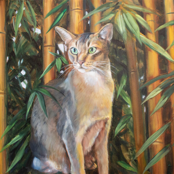 two Abyssinian cats amid a dense bamboo forest. Both cats have a sleek, short-haired coat with a mix of brown, gray, and cream tones. Their eyes are large and vivid green, giving them an alert and intense gaze. The bamboo stalks are tall and yellowish-brown, with lush green leaves surrounding the cats, creating a vibrant and natural setting. The composition captures a sense of tranquility and focus, highlighting the cats’ graceful presence within the lush vegetation.